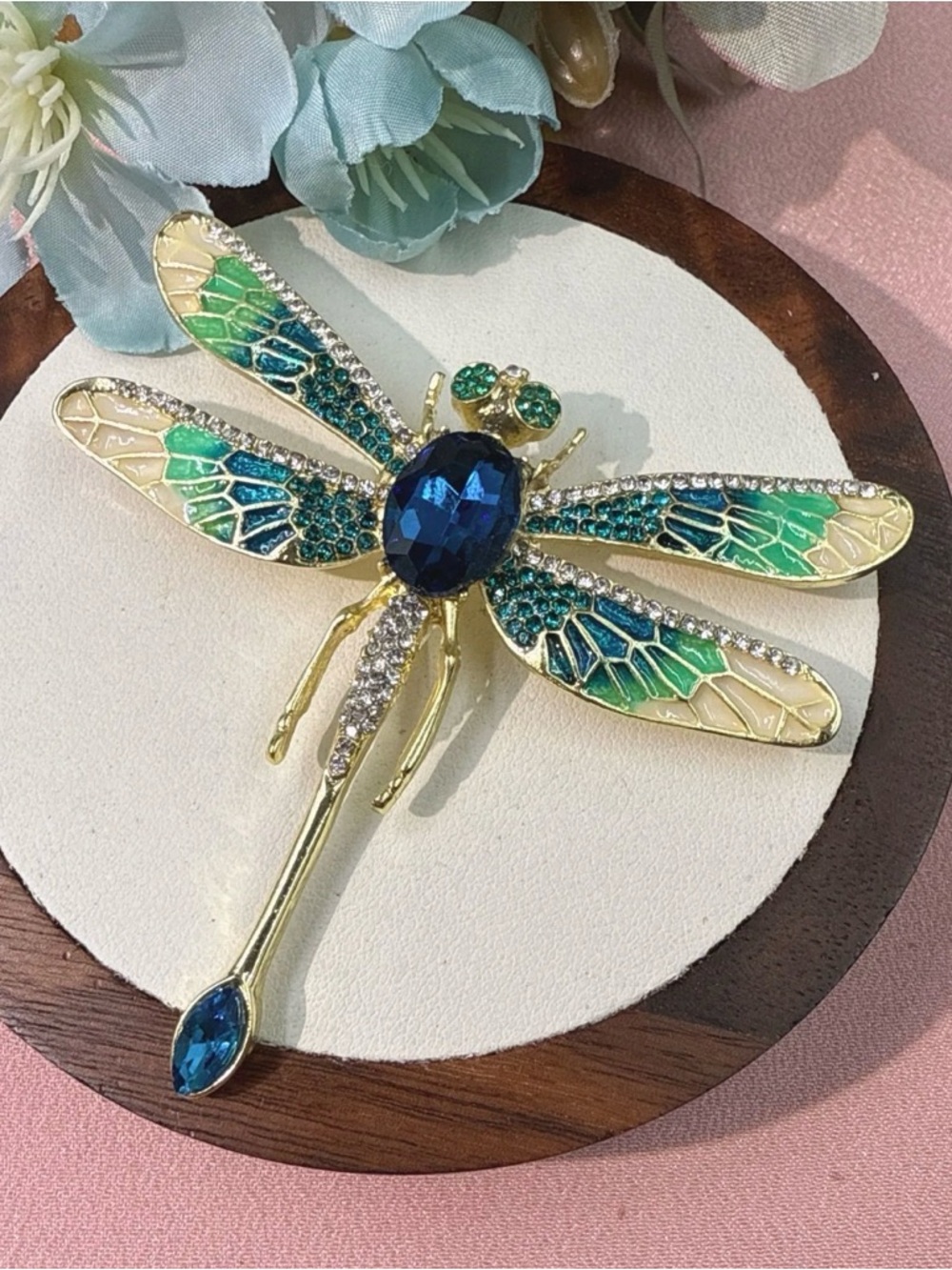 2.5” x 2.75” Gold-tone Dragonfly Brooch with Blue and Green Crystals